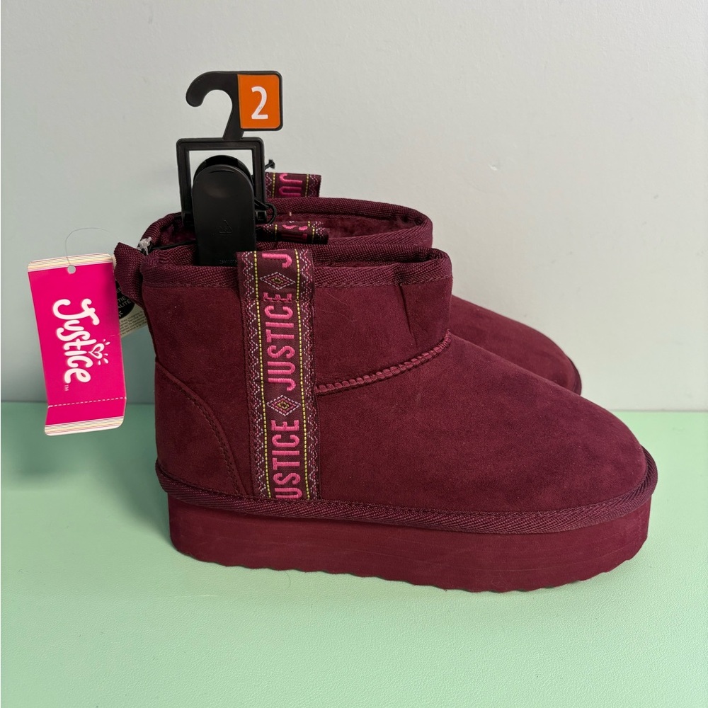 Justice Burgundy Fuzzy Pull On Ankle Bootie Shoes, Girl Size 2, Kid Fall Boots